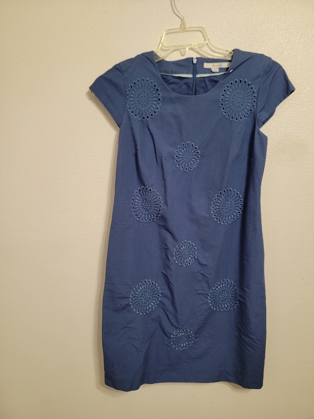 Blue Embroidered Cap-Sleeve Shift Dress